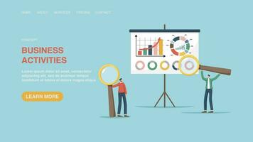 Vector illustration for website or web page, banner with men with magnifying glasses near board with graphs. Business activities,  accounting for investment portfolio, analyzing income and expenses.