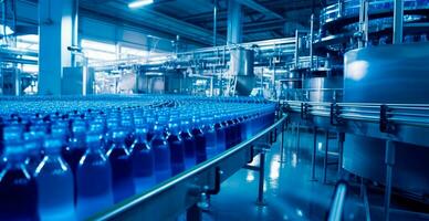 Beverage production process on a conveyor belt at a carbonated drink factory - AI generated image photo