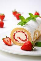 cake roll with strawberries and cream cheese. tinting. AI Generated photo