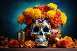 Day of the dead Celebration Background With sugar Skull, calaverita, marigolds flowers, AI Generated photo