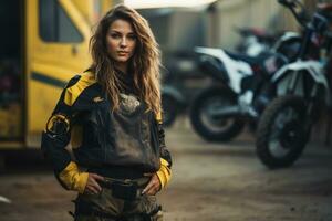 joven frio mujer vistiendo motocicleta engranaje y casco, ai generado foto