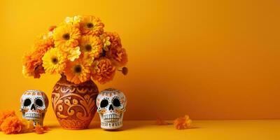Day of the dead, Dia De Los Muertos Celebration Background With sugar Skull, calaverita, marigolds flowers, AI Generated photo
