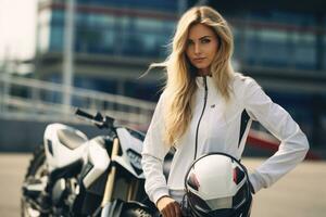 joven frio mujer vistiendo motocicleta engranaje y casco, ai generado foto