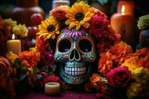 Day of the dead Celebration Background With sugar Skull, calaverita, marigolds flowers, AI Generated photo