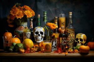 Day of the dead, Dia De Los Muertos Celebration Background With sugar Skull, AI Generated photo