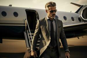 Businessman standing near private jet, AI Generated photo