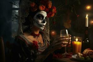 Day of The Dead. Woman with sugar skull makeup on a floral background. AI Generated photo