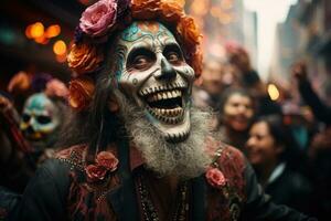 Day of The Dead. man with sugar skull makeup on a floral background in the street. AI Generated photo