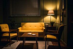 Empty chair and sofa in front of small table in office of psychologist. AI Generated photo