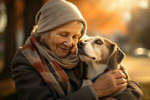 senior woman holding her beagle , outdoor autumn park, AI Generated photo