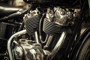 Close up view of a shiny motorcycle engine, AI Generated photo