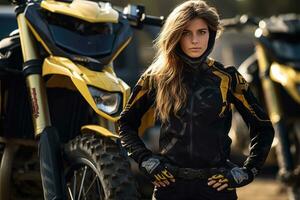 Young cool woman wearing motorcycle gear and helmet, AI Generated photo