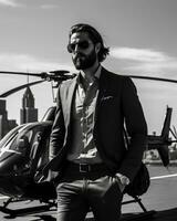 Businessman standing near private helicopter, AI Generated photo