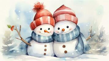 Happy watercolor cartoon couple male and female snowmans hugging together, wearing scarf and hat. Snowy forest on background. For greeting cards, banners, posters, scrapbooking, AI generated photo