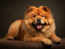 Cute and fluffy purebred Chow Chow dog rests on a rich brown backdrop. Pedigree pup. For advertising, posters, banners, or promoting pet stores, dog care, grooming, veterinary clinics, AI generated photo