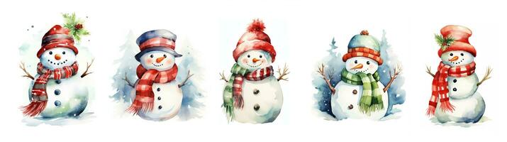 Collection of 5 various cute watercolor Christmas snowmen on white background. For holiday cards, seasonal decorations, creative designs. Festive, charming, heartwarming New Year snowman. AI generated photo