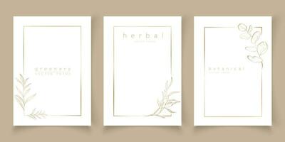 Set of frame templates in minimal linear style with hand drawn branches and leaves. Elegant frame. Botanical vector illustration for labels, corporate identity, wedding invitation, logo, save the date