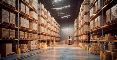 Large industrial warehouse with high racks, business logistics industry AI generated image photo