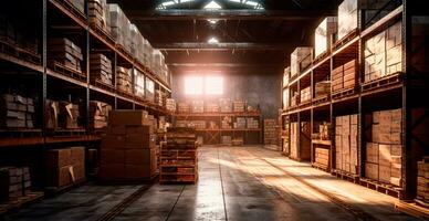 Large industrial warehouse with high racks, business logistics industry AI generated image photo