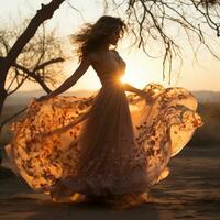 The woman in the flowing white gown stands gracefully against the backdrop of the setting sun, her silhouette highlighted by the vibrant sky and trees that surround her, AI Generative photo