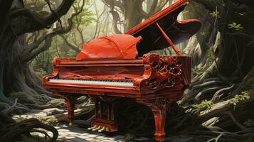 el amable melodía de el al aire libre rojo piano delicadamente entrelazados con el suave crujido de el arboles crea un tranquilo armonía en el bosque, ai generativo foto