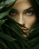 A woman with lush green eyes framed by dark lashes and eyebrows gazes out of a vibrant and leafy background, captivating the viewer with her enigmatic fashion and grace, AI Generative photo