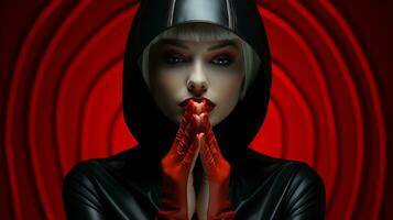 A woman in a black hood and red gloves, AI Generative photo