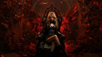 A stunningly fashionable anime woman sits regally in a chair with vibrant red wings, embodying a sense of power and freedom, AI Generative photo