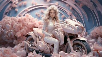 A woman sitting on a pink motorcycle surrounded by flowers, AI Generative photo