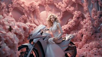 A mysterious woman in a white dress and infrared goggles stands out against the backdrop of the great outdoors, her wild ride on the motorcycle a symbol of freedom and courage, AI Generative photo