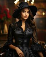 un misterioso mujer soportes con confianza en un pulcro negro vestir y sombrero de fieltro, su Moda opciones reflejando su negrita y atrevido naturaleza, ai generativo foto
