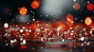 On a dark, rainy night, the blur of red street lights dancing off the water droplets creates a surreal, mesmerizing scene, AI Generative photo