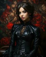 A mysterious woman with a daring fashion sense stands confidently in an indoor setting, her leather and latex dress commanding attention and her gothic aura commanding respect, AI Generative photo