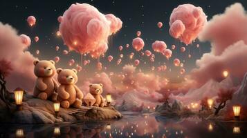 A vibrant group of teddy bears sit on a sun-dappled rock, enjoying the warmth of the day as bright pink balloons soar above the tranquil waters, AI Generative photo