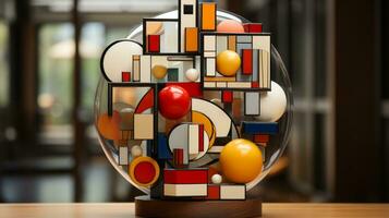 un vaso escultura con vistoso objetos en un madera superficie, ai generativo foto