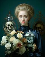 A woman stands in an indoor room, cradling a bouquet of vibrant roses in one hand and a bleached skull in the other, a surreal and haunting contrast of beauty and death, AI Generative photo