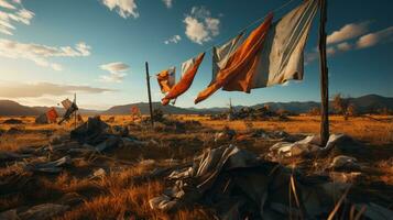 A stunning sky of vibrant colors illuminates the flags in the rolling grassland, providing a picturesque landscape of nature's beauty, AI Generative photo