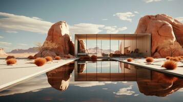 A glass building with a pool and rocks in the background, AI Generative photo