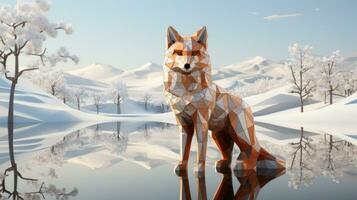 Amidst a majestic and frozen winter wonderland, a low poly fox stands boldly, its silhouette illuminated by the sparkling snow beneath its feet, AI Generative photo