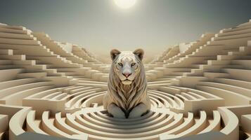 A majestic white tiger sculpture stands in a mysterious maze, its beauty and power captivating the onlooker with a sense of awe, AI Generative photo