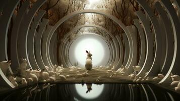 A myriad of rabbits illuminated by the soft, warm light of an indoor setting, create a beautiful art piece as they journey through a mysterious tunnel, AI Generative photo