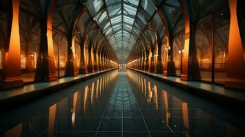 A long hallway with glass windows, AI Generative photo