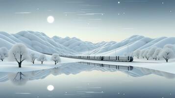 On a starry winter night, the moonlight reflecting off the snow creates a serene and beautiful outdoor landscape as the train passes through, AI Generative photo