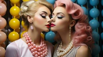 Two women wearing fashionable pink makeup and matching hairstyles, standing close together as they share a kiss while holding a pink balloon, create a beautiful moment of joy, AI Generative photo