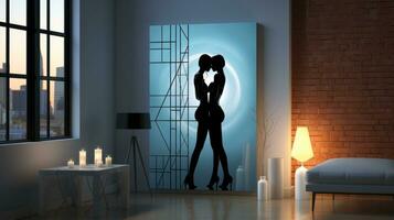 A silhouette of two people passionately embracing in a room illuminated by a soft light coming through the window, their figures framed by the walls adorned with artwork and furniture, AI Generative photo