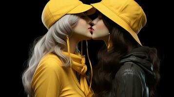 Two beautiful women wearing vibrant yellow hats embrace in a passionate kiss outdoors, their love and style inspiring onlookers, AI Generative photo