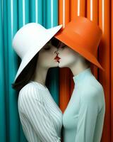 Two stylishly dressed women in fedoras embrace in a passionate kiss, embracing the beauty of fashion and the strength of female friendship, AI Generative photo