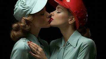 Two women wearing fashionable clothing and hats share a passionate kiss, celebrating their love for one another, AI Generative photo