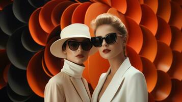 Two radiant women in stylish orange clothing stand side-by-side, wearing sunglasses and hats with beaming smiles, ready to take on the world, AI Generative photo