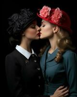 Two fashionable women wearing hats kiss lovingly, with a rose in hand, symbolizing their passionate connection, AI Generative photo